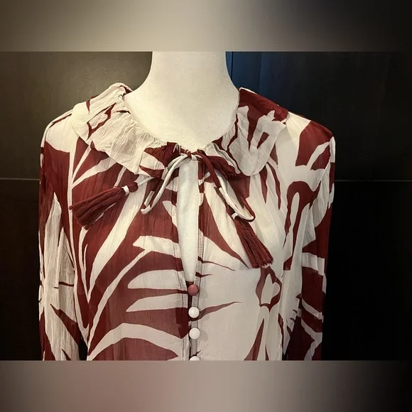 Anthropologie Marais Chiffon Mini Dress w/ ruffled skirt. Maroon, white. L-XL - Picture 7 of 15